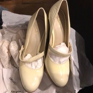 Cream patent leather Mary Jane wedges